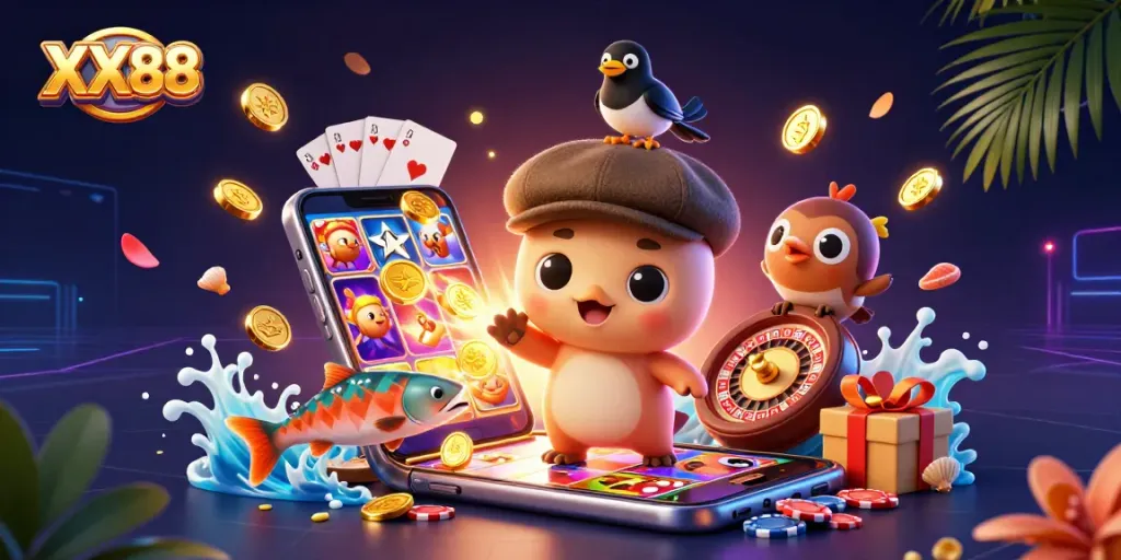 Play thrilling slots at XX88 with a vibrant cartoon scene featuring Nessie and gaming elements.