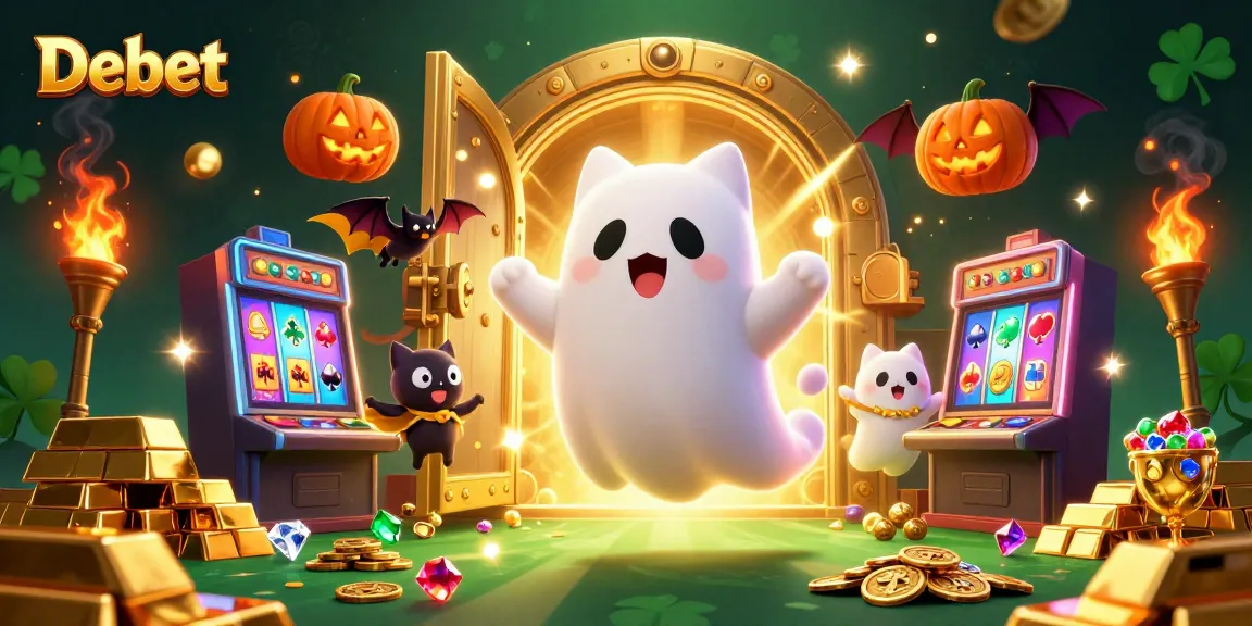 Engage in gaming adventures with Debet, featuring a ghost cat in a vibrant casino scene.