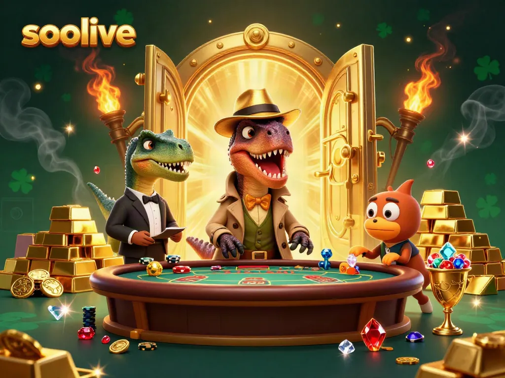 Socolive showcases a thrilling blackjack scene with a velociraptor and gold treasure.