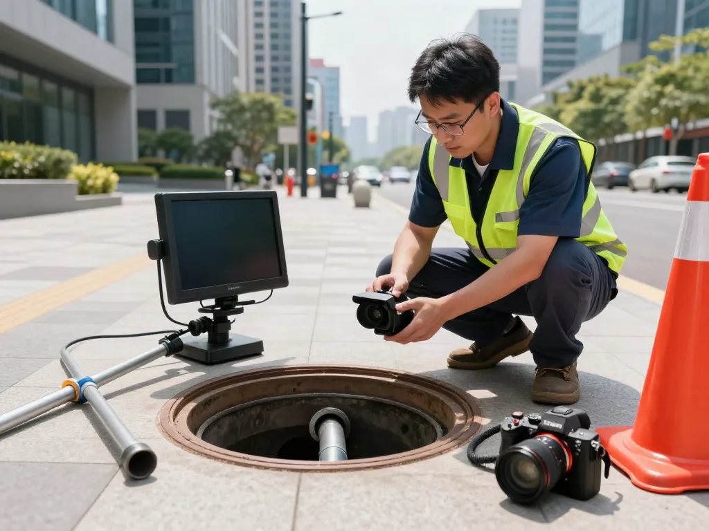 CCTV drainage survey in Surrey with technician inspecting manhole and advanced camera equipment.