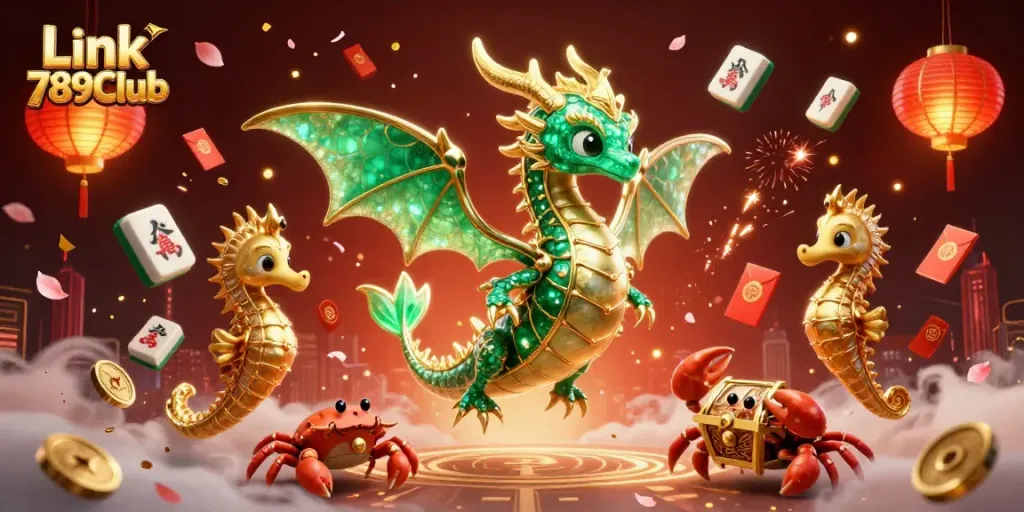 Engage in thrilling gaming at Link 789Club with stunning 3D beach dragon and vibrant casino-themed elements.