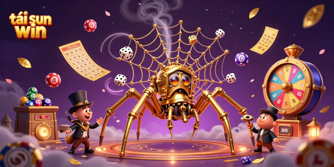 Engaging scene showcasing tải sun win with a steampunk spider, lotto elements, and vibrant game atmosphere.