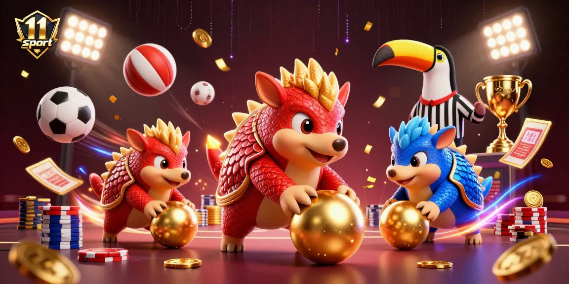 Engage in the exciting 11 sport gaming experience with dynamic cartoon pangolins amidst casino elements.