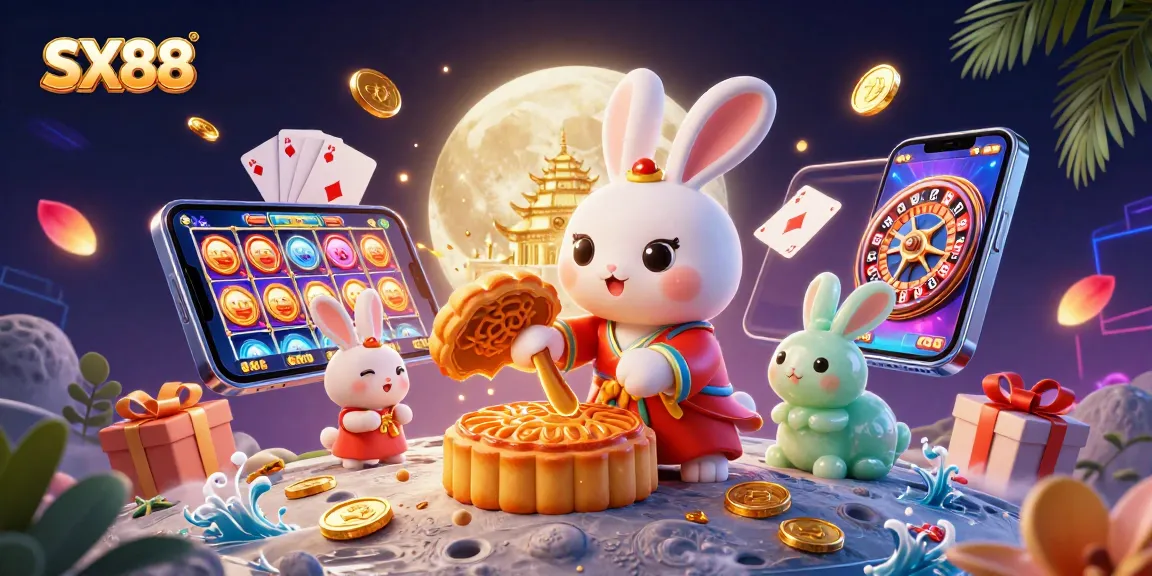 SX88 moon rabbit engages in thrilling slot game action amidst vibrant casino elements