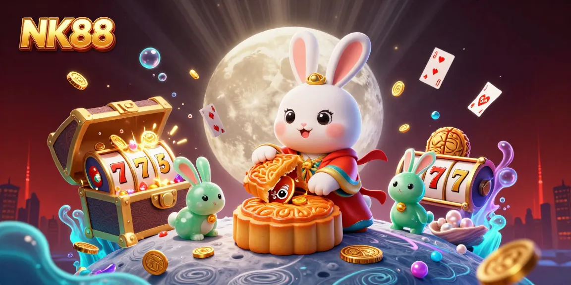 Experience thrilling slot games with NK88's dynamic casino illustration, featuring festive characters and rich visuals.