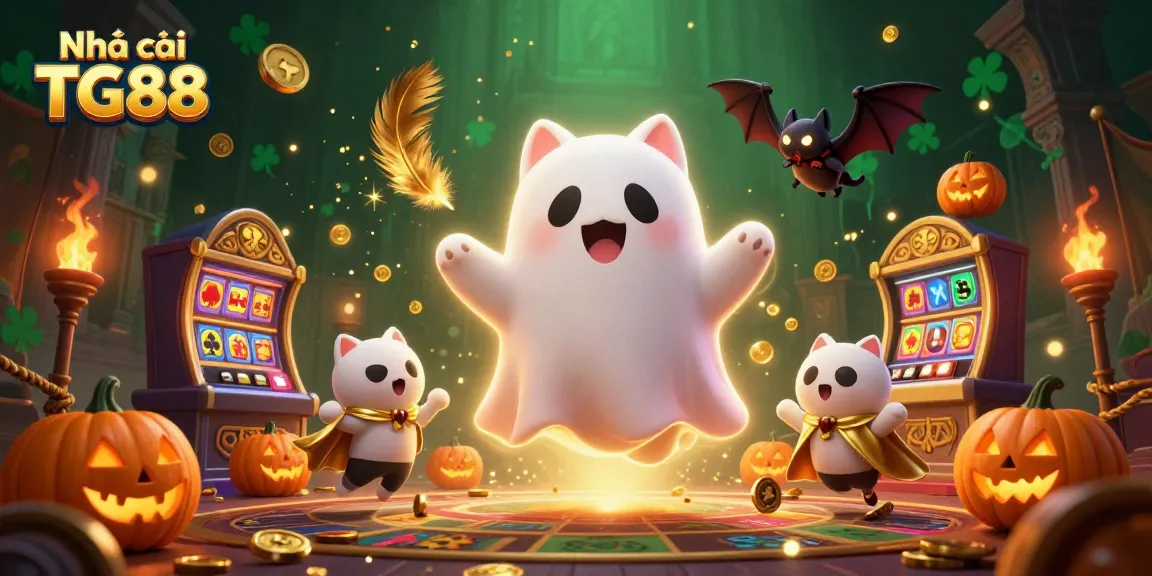 Engage with Nhà cái TG88 in a vibrant casino scene featuring a ghost cat, bat companion, and glowing pumpkins.