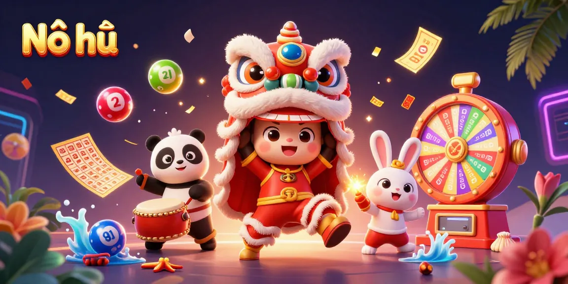 Nổ hũ jackpot scene featuring lively characters with vibrant casino game elements.