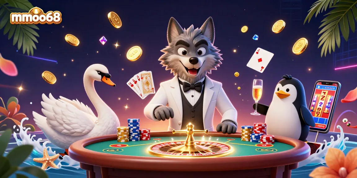 Experience thrilling games at mmoo68 with the debonair wolf and elegant characters surrounded by casino excitement.