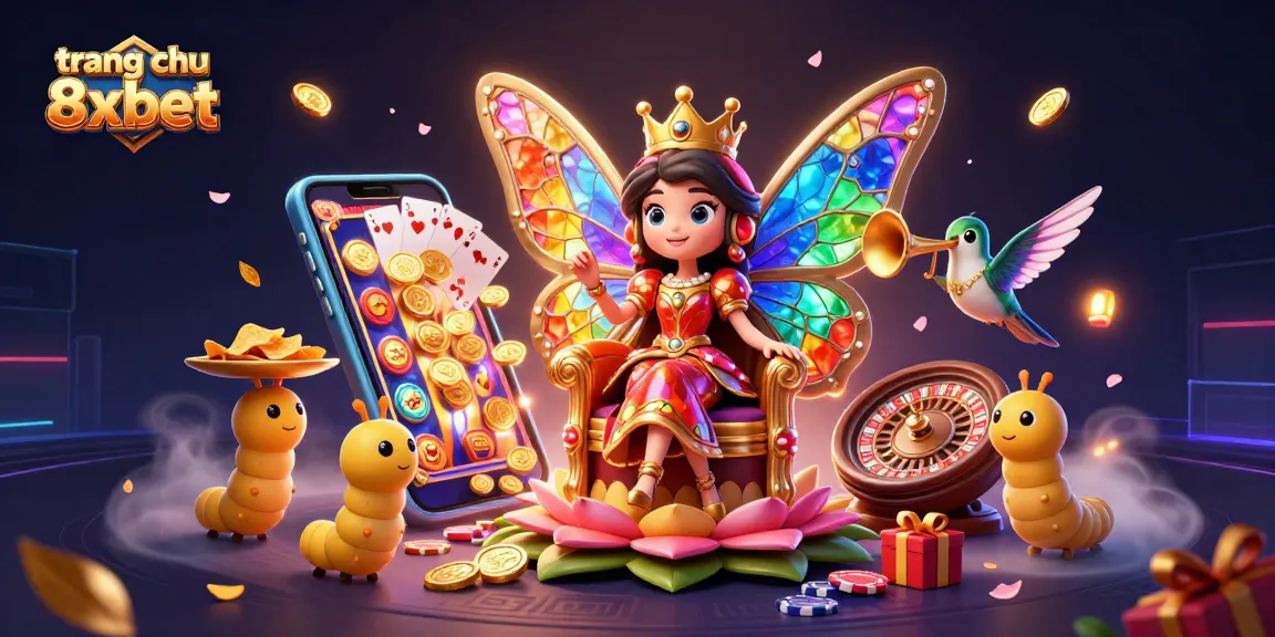 Experience thrilling gaming at trang chu 8xbet with a butterfly queen, chips, and vibrant casino elements.