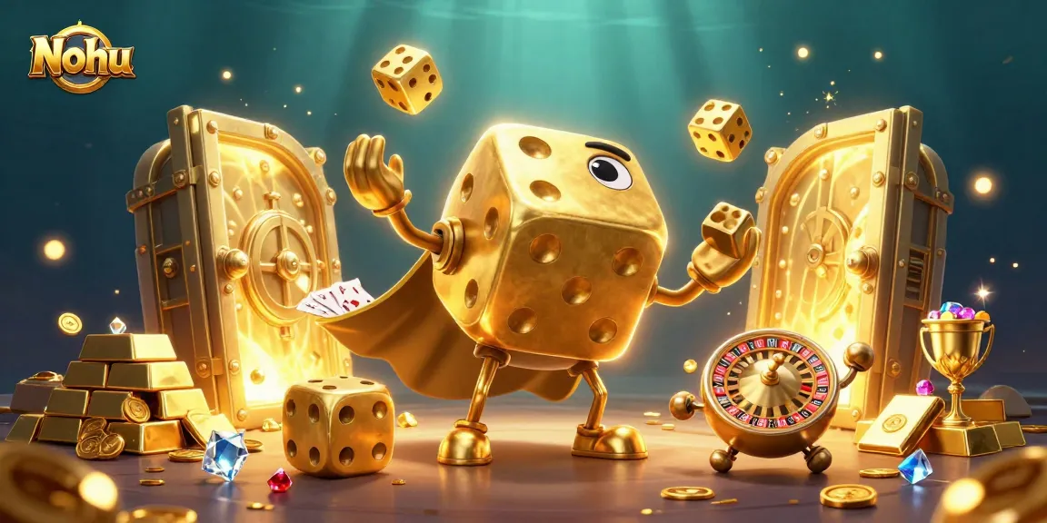 Nohu players winning big as golden dice juggle treasures in an exciting casino environment.