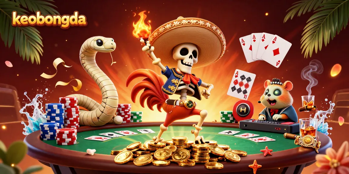 Experience keobongda's vibrant victory scene with festive skeleton characters celebrating on a casino backdrop.