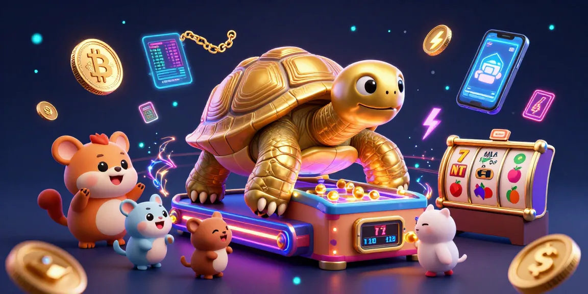 Experience exciting casino action with Wortel21 in this vibrant 3D illustration featuring a golden tortoise and slot elements.