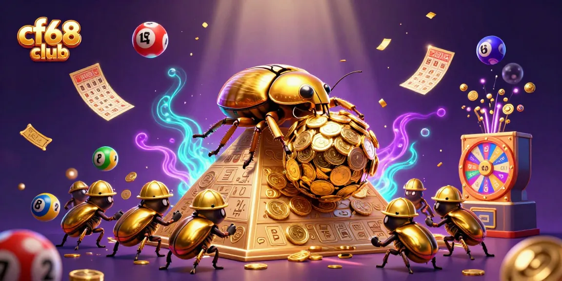 Spin fortune with cf68 club, a dazzling 3D scene featuring a golden dung beetle and casino elements.