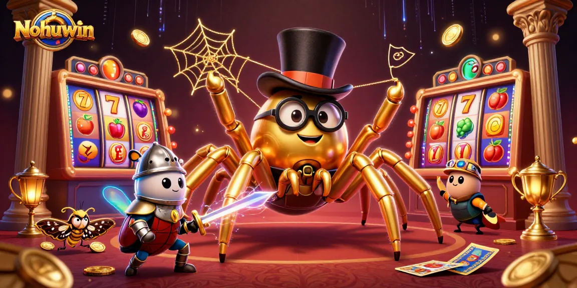 Nohuwin presents an exciting casino scene with a golden tarantula, beetle knight, and slot reels.