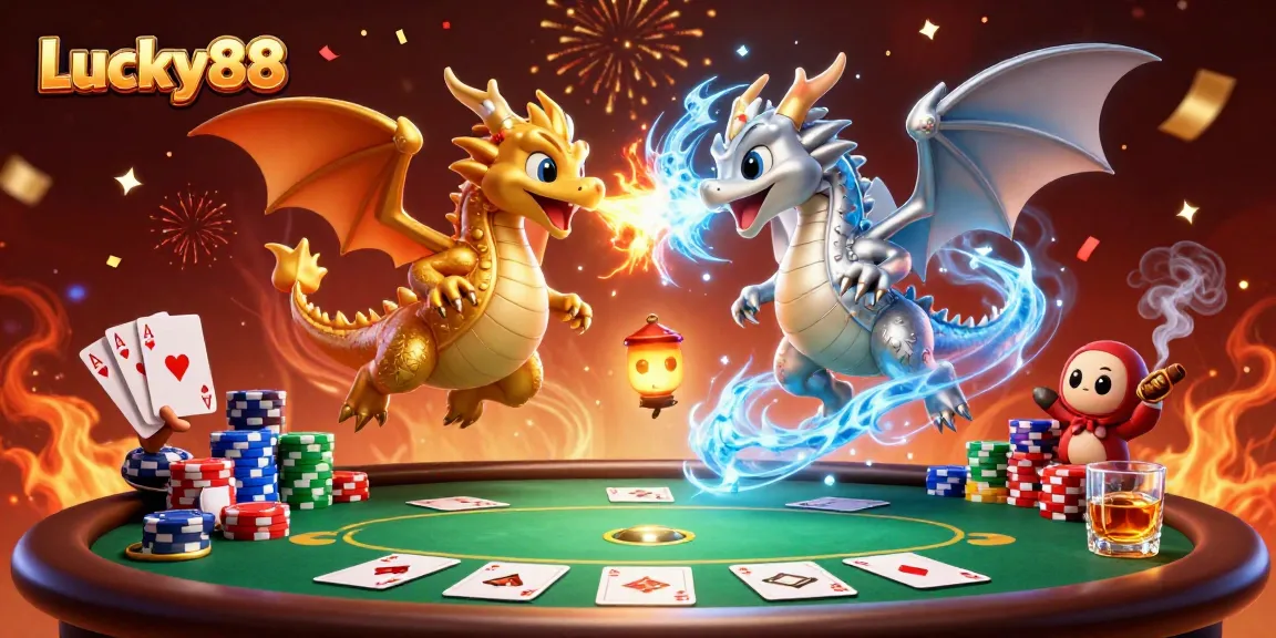 Experience thrilling gameplay with Lucky88 in this vibrant 3D casino illustration featuring animated dragons.
