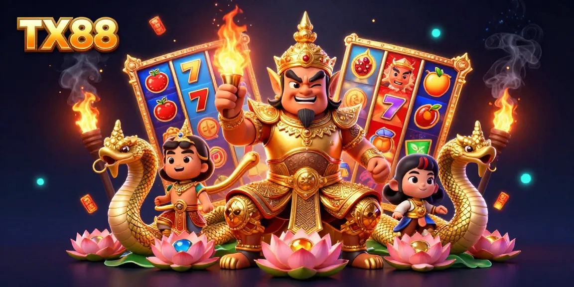 Play exciting slot games with TX88, featuring a captivating Thai temple guardian and dynamic gaming elements.