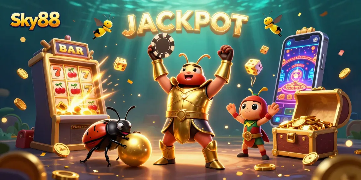 Experience thrilling wins with Sky88 as characters celebrate their jackpot in a vibrant casino adventure.