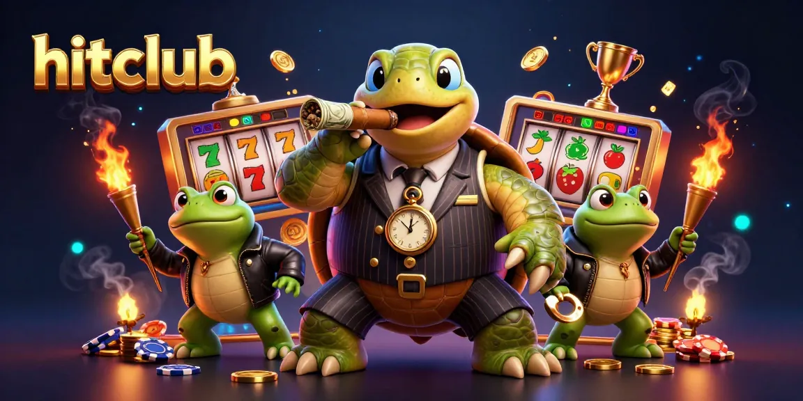 Hitclub casino illustration with a turtle mobster and bullfrog enforcers surrounded by slot game elements.