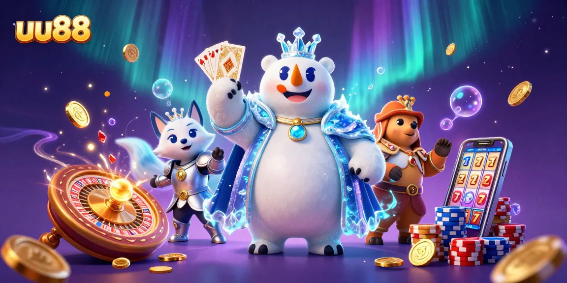 Engage with exhilarating gameplay at uu88 featuring casino symbols, vibrant poker chips, and enchanting characters.