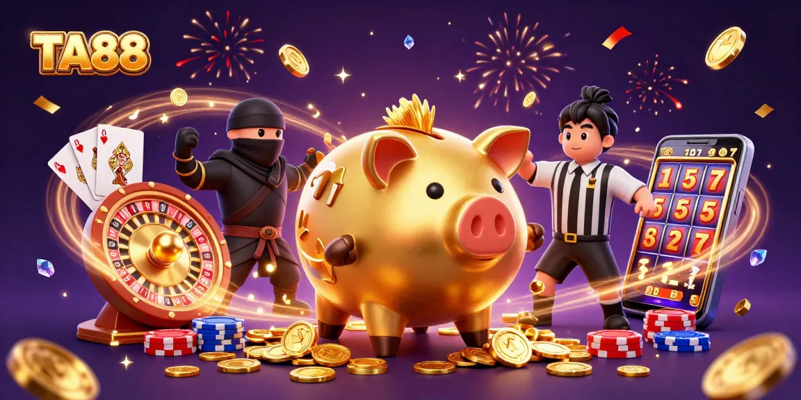 Engage in excitement with TA88 as a golden piggy bank wrestler and ninja clash at a vibrant casino scene.
