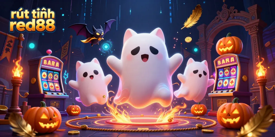 Engage with rút tiền red88 in a vibrant casino, featuring a ghost cat and bat amid glowing poker symbols.