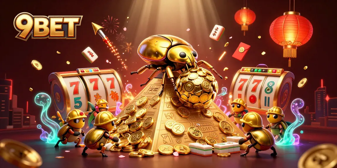 Experience thrilling gaming with 9BET through vibrant slot reels, golden coins, and dynamic casino elements.