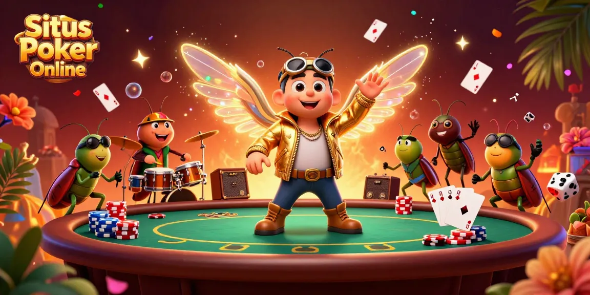 Situs Poker Online celebrates fun poker moments with animated characters and festive casino elements.