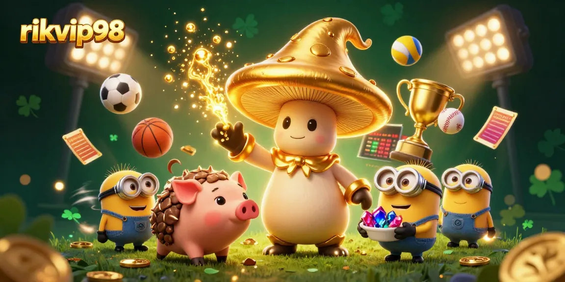 Engage with rikvip98's vibrant 3D illustration showcasing a magical gaming universe filled with golden treasures.