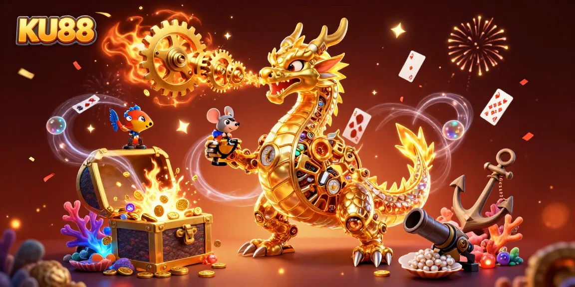 Engage with thrilling gameplay at KU88 as a golden dragon breathes gears amidst exciting underwater treasures.