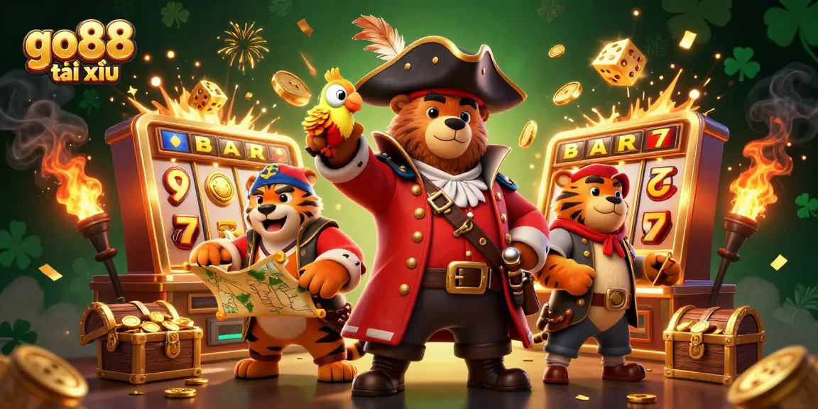 Engage with go88 tài xỉu as a pirate captain bear leads thrilling casino adventures in this dazzling illustration.