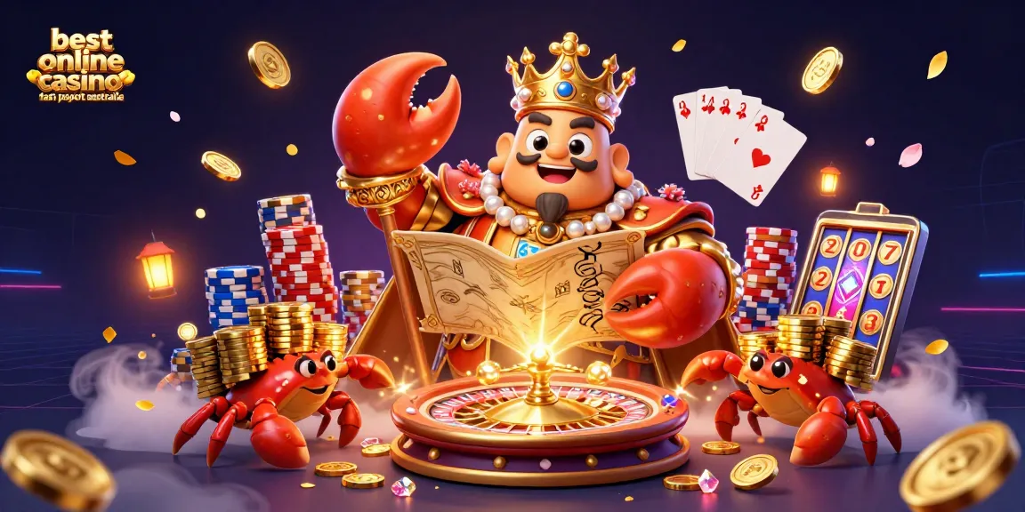 Experience the best online casino fast payout australia with a vibrant 3D illustration of a golden crab emperor leading the way.