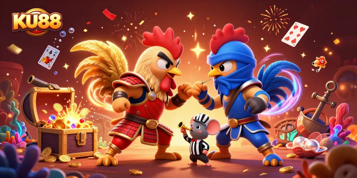 Experience thrilling KU88 action with animated fighting roosters in a vibrant casino illustration.