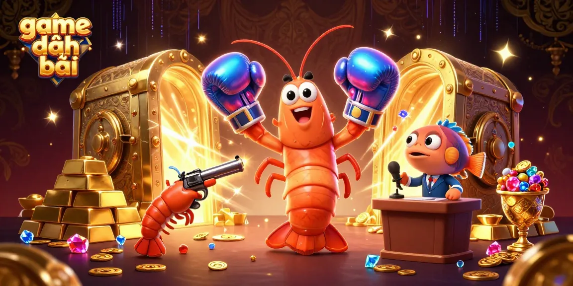 Experience thrilling game đánh bài action with vibrant shrimp characters and glimmering treasures.