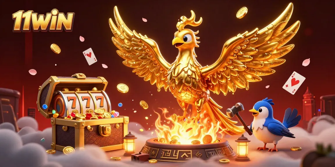 Engage in thrilling action at 11WIN with golden phoenix amidst jackpot celebrations in a casino.