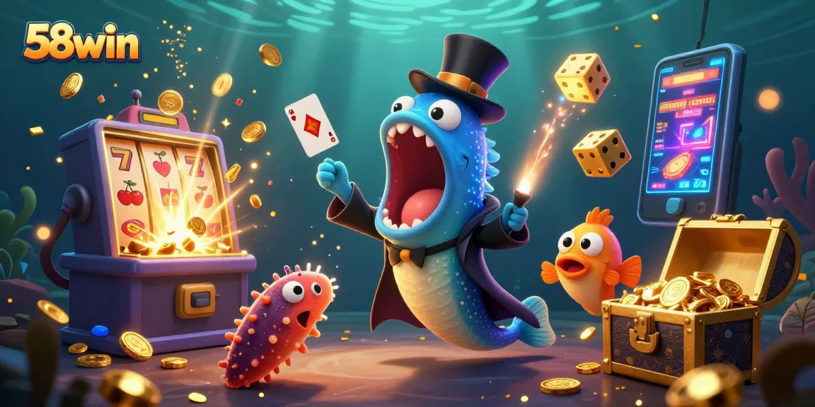 Feel the thrill at 58win's immersive casino experience with vibrant game elements bursting around.