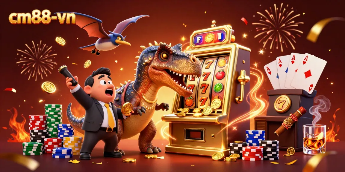 Experience cm88-vn's exciting slot machine jackpot as a pachycephalosaurus and friends celebrate wins!