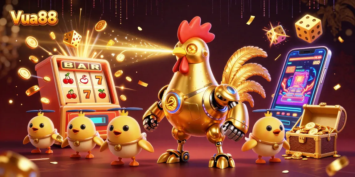 Win big with Vua88 at this vibrant casino scene featuring a golden rooster robot and slot machine.