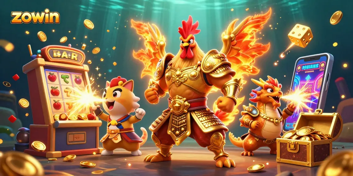 Experience the excitement of Zowin as the rooster warrior battles with shimmering slots and golden sparks!