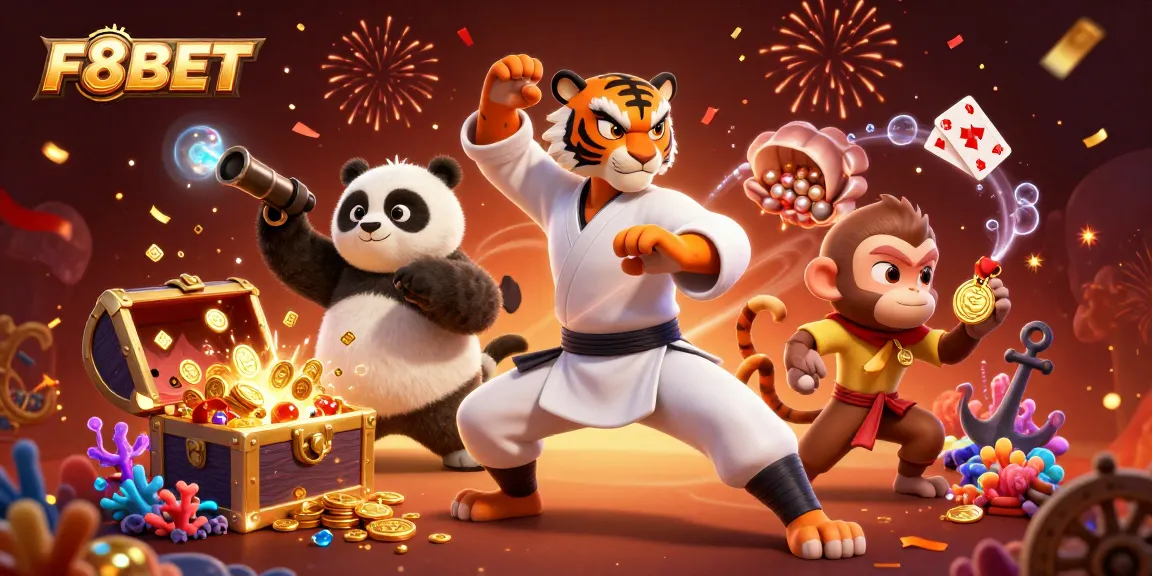 Experience thrilling adventures at F8BET, with vibrant characters and dynamic casino elements all around.