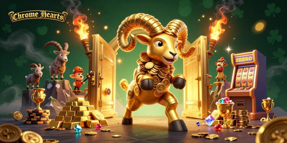 Chrome Hearts showcases a 3D cartoon ram charging at a golden gate in a vibrant casino scene filled with treasures and excitement.