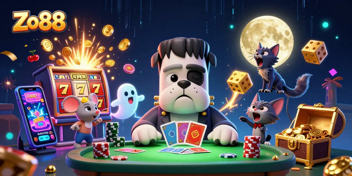 Experience thrilling gaming with Zo88 in a vibrant, dynamic 3D casino scene filled with excitement.