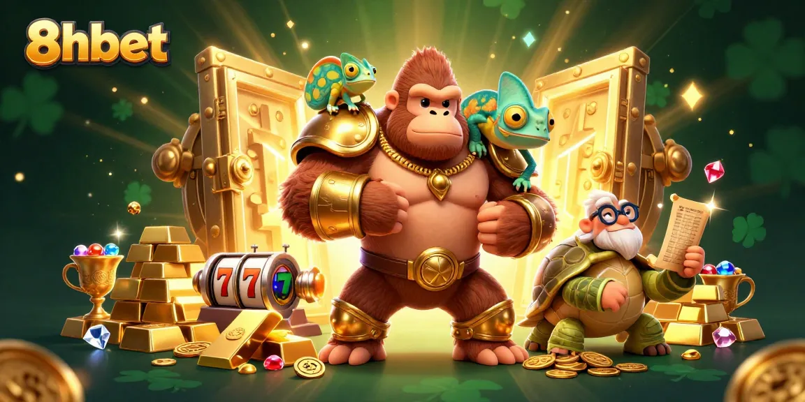 Experience excitement at 8xbet with a vibrant gorilla king, chameleon spy, and tortoise elder amidst a treasure-filled casino scene.