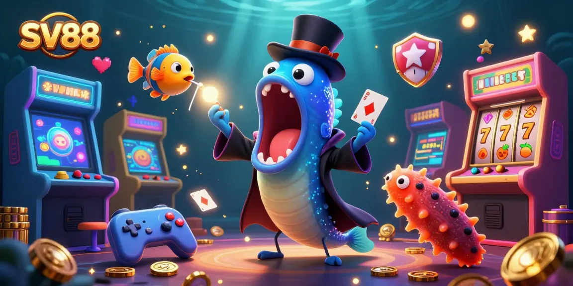 SV88 showcases a bioluminescent eel, anglerfish, and sea cucumber in a vibrant casino-themed underwater scene.