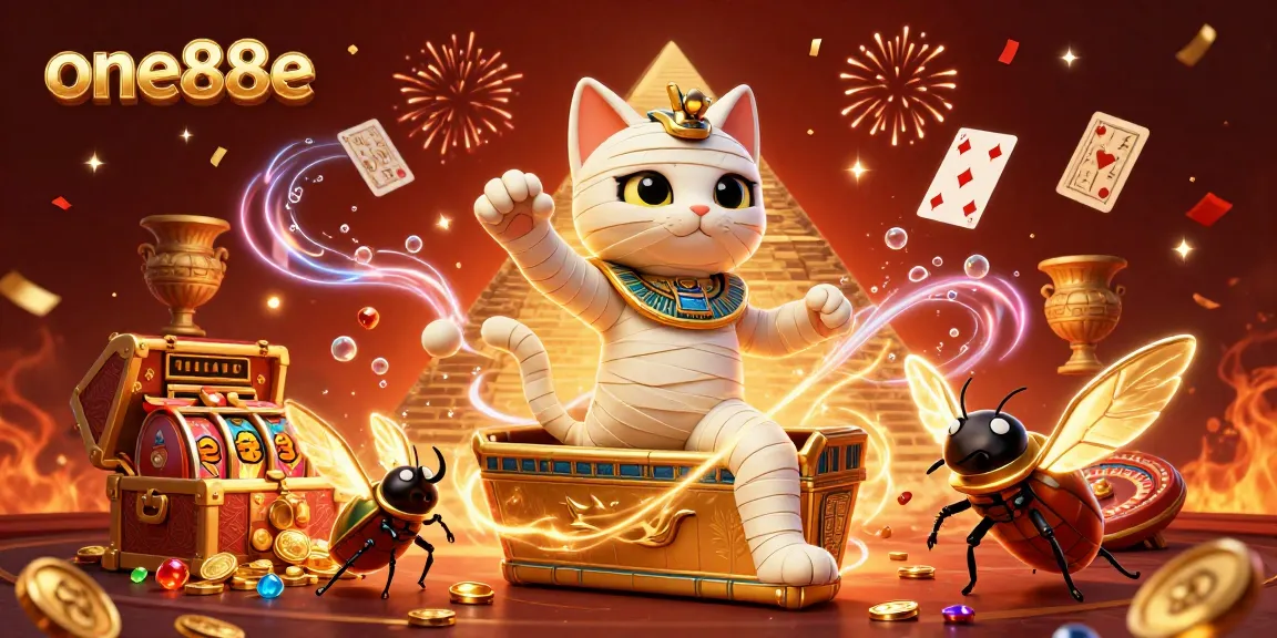 Engage in the thrilling world of one88e with a vibrant 3D scene showcasing a mummy cat and casino elements.