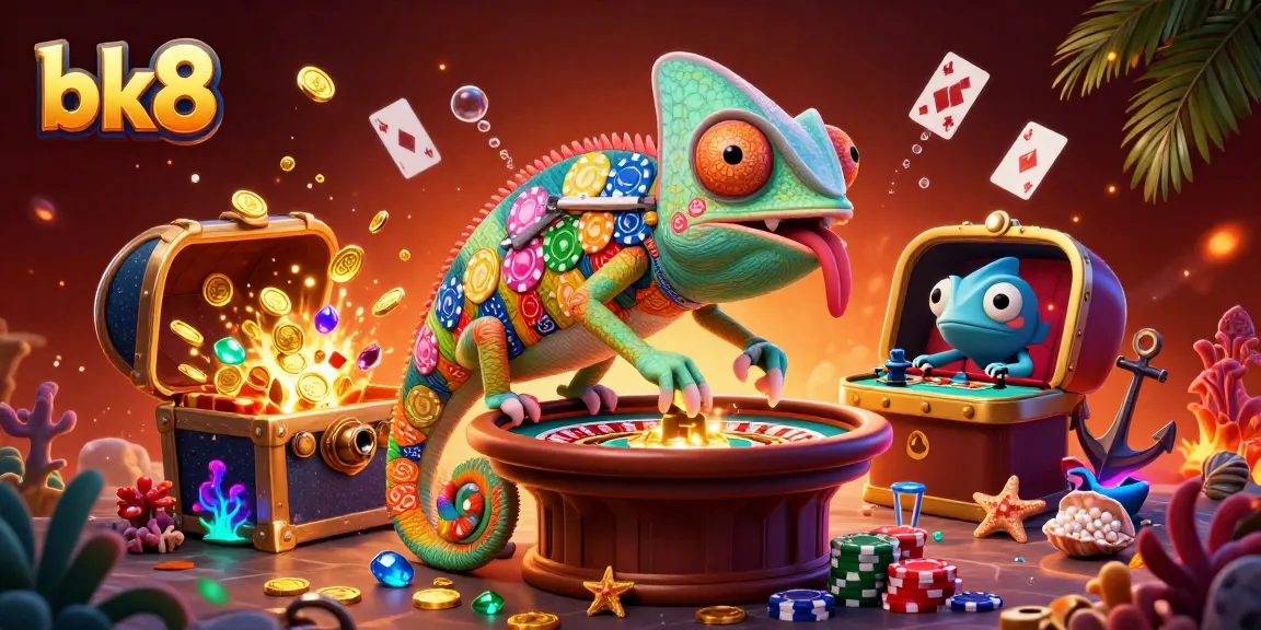 Experience the excitement of bk8 casino with a colorful chameleon owner snapping up coins and vibrant game elements.