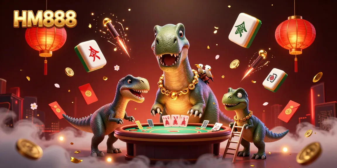 Experience thrilling gameplay at HM888, where a giant brontosaurus oversees dynamic card games and festive decorations.