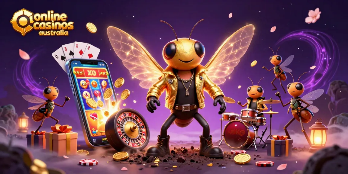 Experience excitement at online casinos Australia with an animated rock star and vibrant gaming elements.