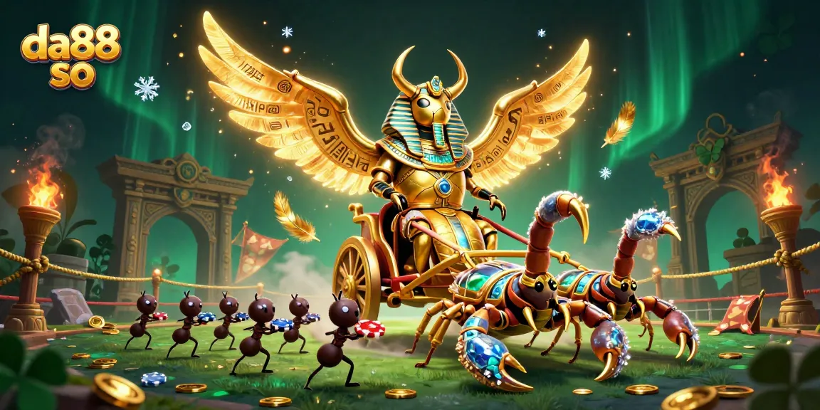 Engage with da88 so in a vibrant casino scene featuring a golden beetle and scorpions.